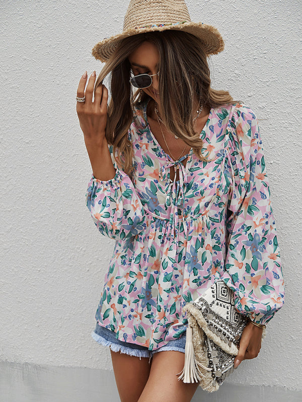 Floral Tie-Front Long Sleeve Blouse