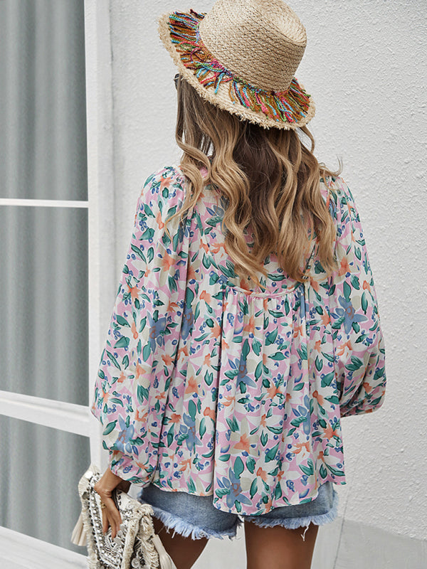 Floral Tie-Front Long Sleeve Blouse