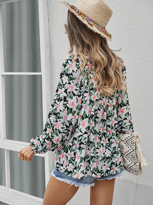 Floral Tie-Front Long Sleeve Blouse