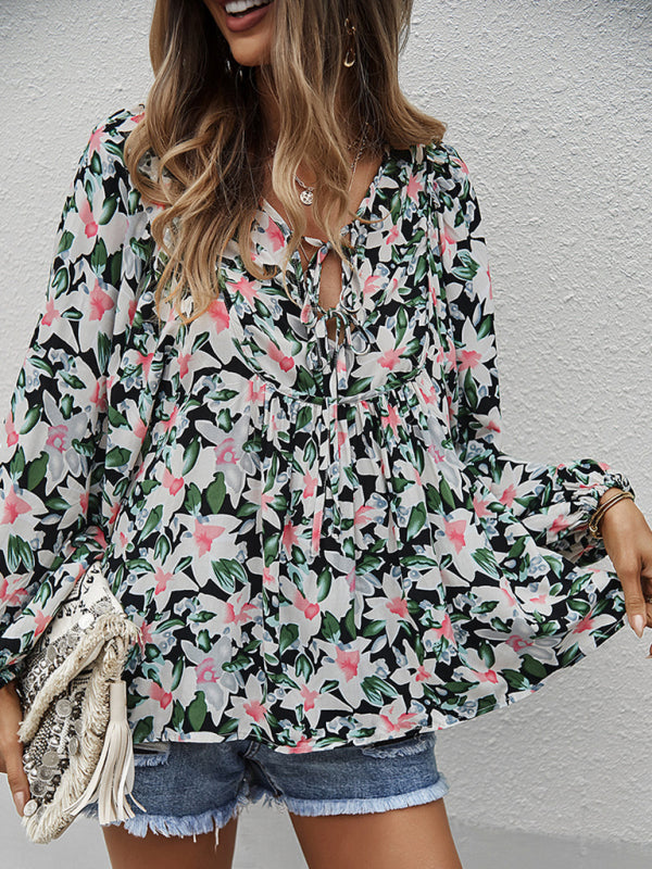 Floral Tie-Front Long Sleeve Blouse