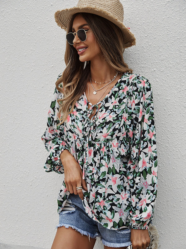 Floral Tie-Front Long Sleeve Blouse