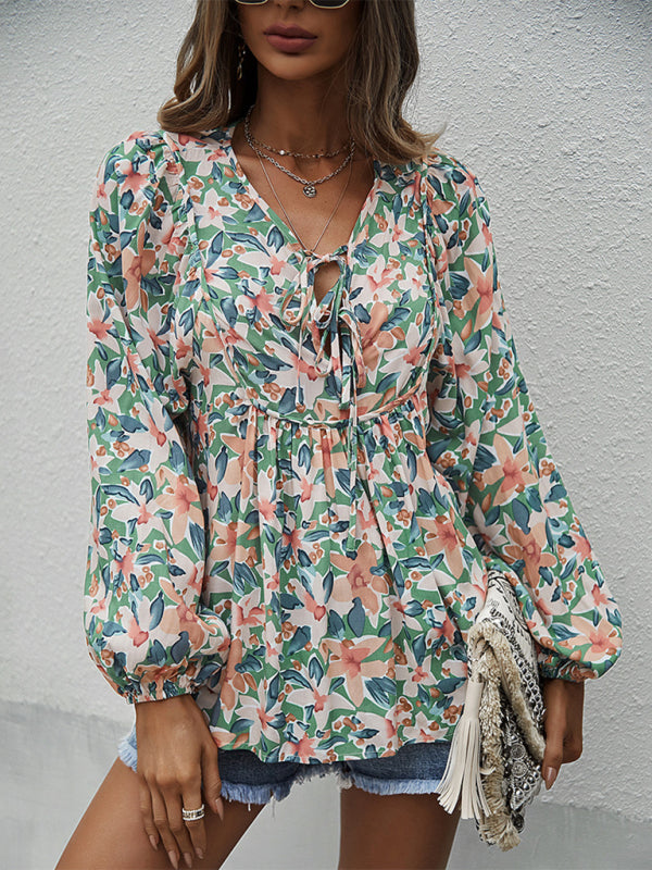 Floral Tie-Front Long Sleeve Blouse