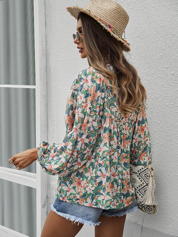 Floral Tie-Front Long Sleeve Blouse