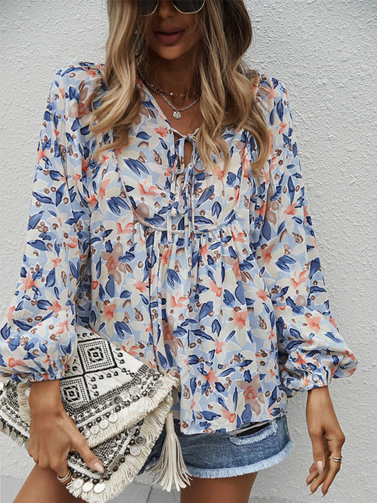 Floral Tie-Front Long Sleeve Blouse