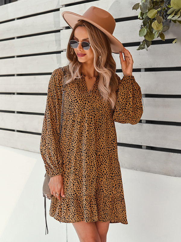 Leopard Print Long-Sleeve Midi Holiday Dress – Lightweight & Stylish