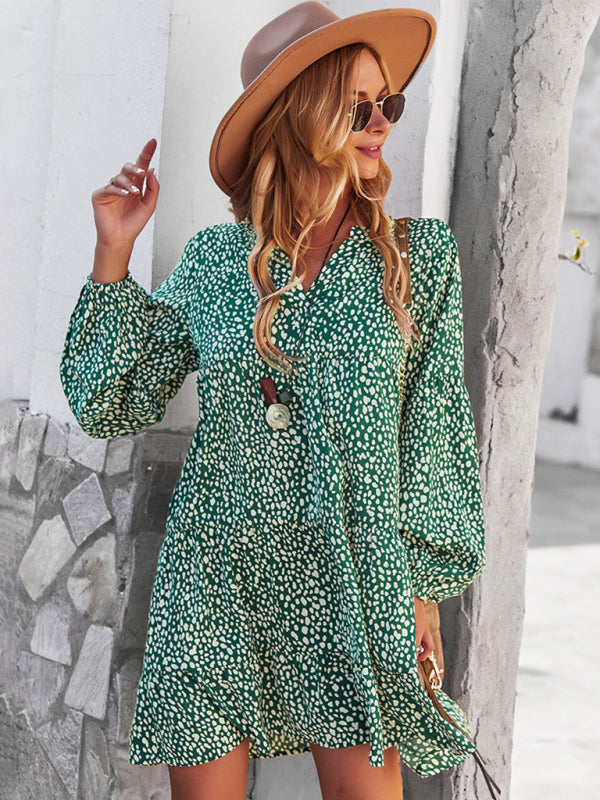 Leopard Print Long-Sleeve Midi Holiday Dress – Lightweight & Stylish