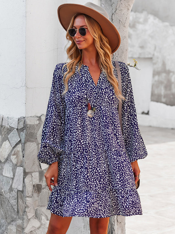 Leopard Print Long-Sleeve Midi Holiday Dress – Lightweight & Stylish