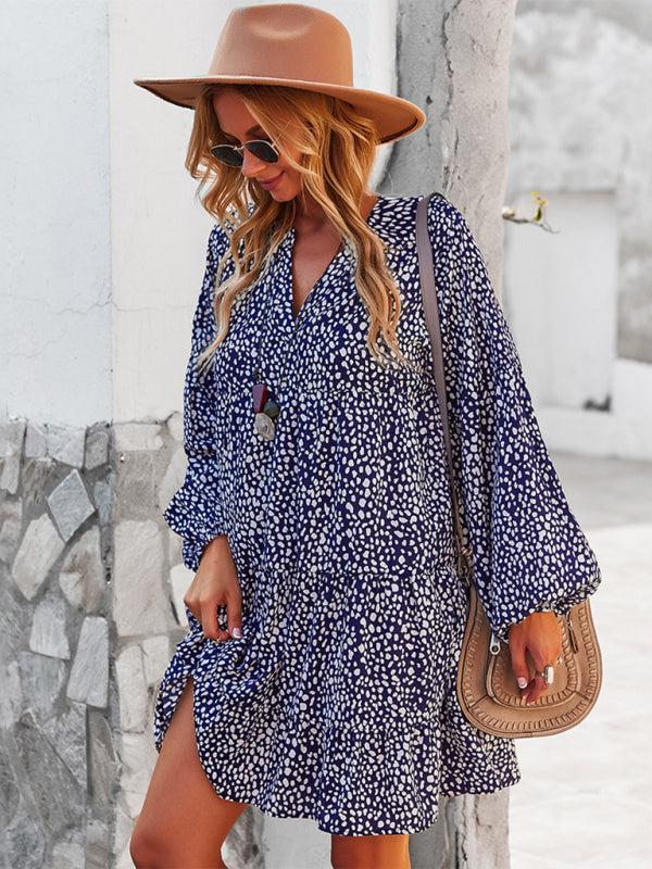 Leopard Print Long-Sleeve Midi Holiday Dress – Lightweight & Stylish