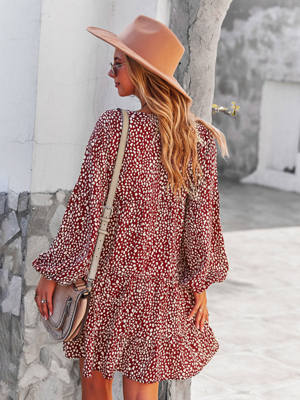 Leopard Print Long-Sleeve Midi Holiday Dress – Lightweight & Stylish