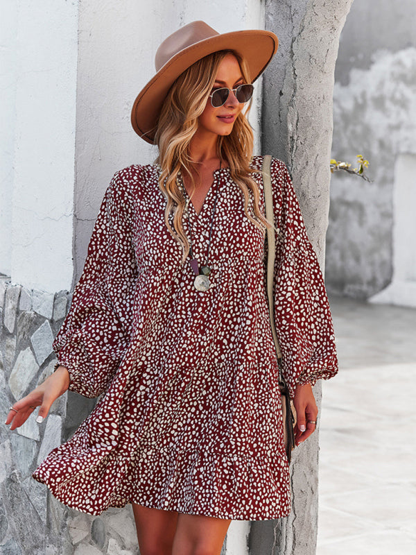 Leopard Print Long-Sleeve Midi Holiday Dress – Lightweight & Stylish