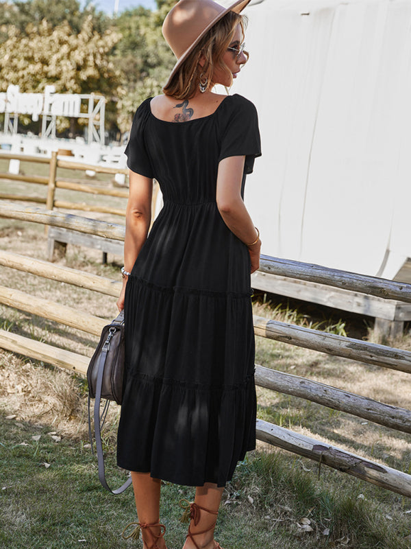 Solid Color Button-Down Short Sleeve Loose Dress – Lightweight Rayon, Relaxed Fit