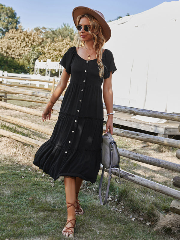 Solid Color Button-Down Short Sleeve Loose Dress – Lightweight Rayon, Relaxed Fit