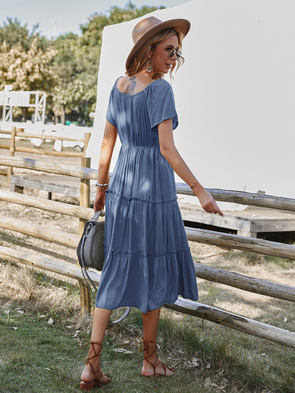 Solid Color Button-Down Short Sleeve Loose Dress – Lightweight Rayon, Relaxed Fit