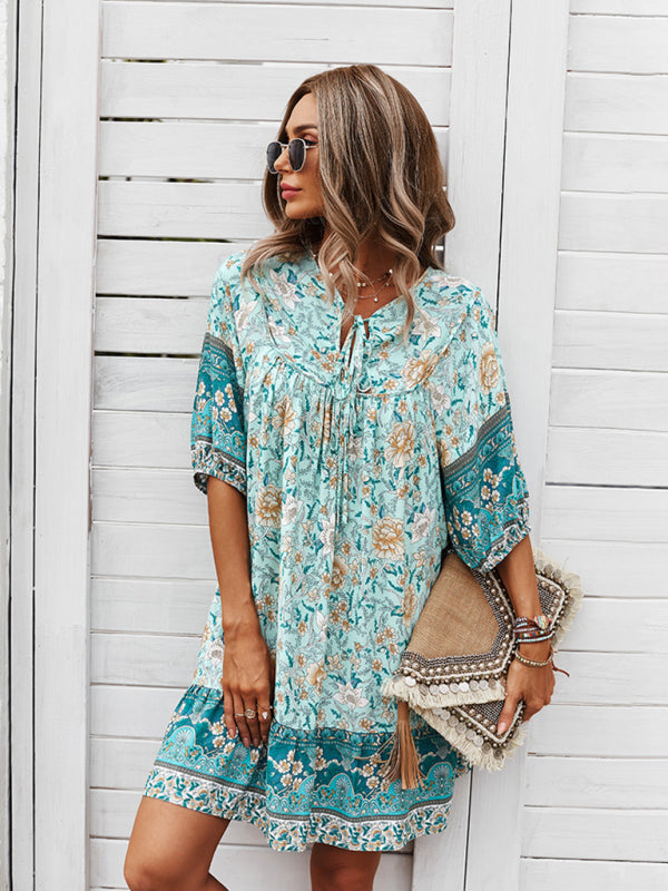Boho V-Neck Floral Loose Skirt Dress – Lightweight Rayon, Spring-Summer Style