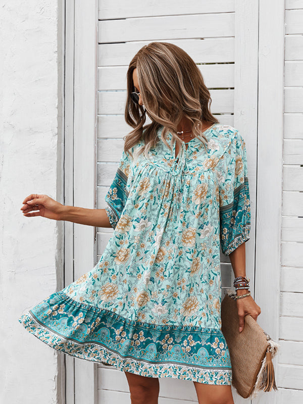 Boho V-Neck Floral Loose Skirt Dress – Lightweight Rayon, Spring-Summer Style