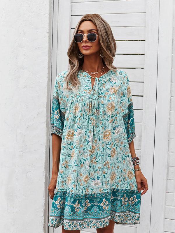 Boho V-Neck Floral Loose Skirt Dress – Lightweight Rayon, Spring-Summer Style