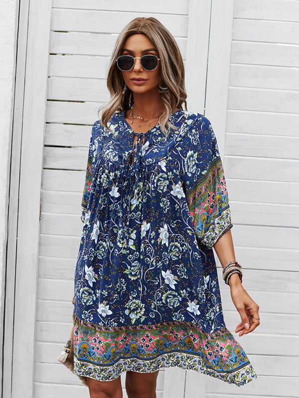 Boho V-Neck Floral Loose Skirt Dress – Lightweight Rayon, Spring-Summer Style