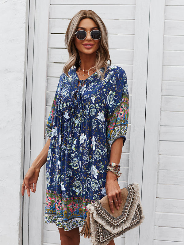 Boho V-Neck Floral Loose Skirt Dress – Lightweight Rayon, Spring-Summer Style