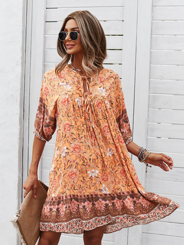 Boho V-Neck Floral Loose Skirt Dress – Lightweight Rayon, Spring-Summer Style