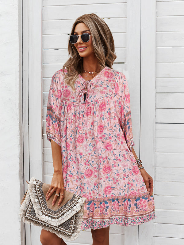 Boho V-Neck Floral Loose Skirt Dress – Lightweight Rayon, Spring-Summer Style