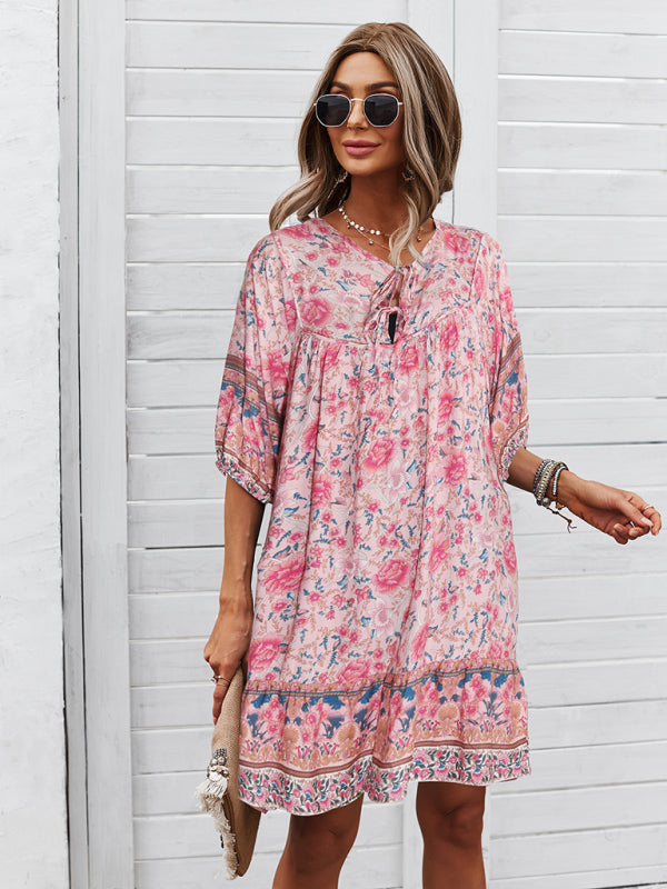 Boho V-Neck Floral Loose Skirt Dress – Lightweight Rayon, Spring-Summer Style