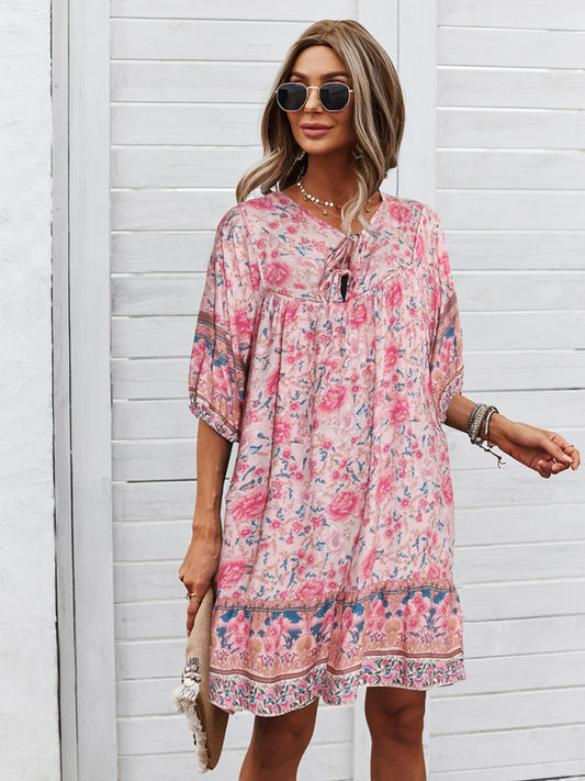 Boho V-Neck Floral Loose Skirt Dress – Lightweight Rayon, Spring-Summer Style