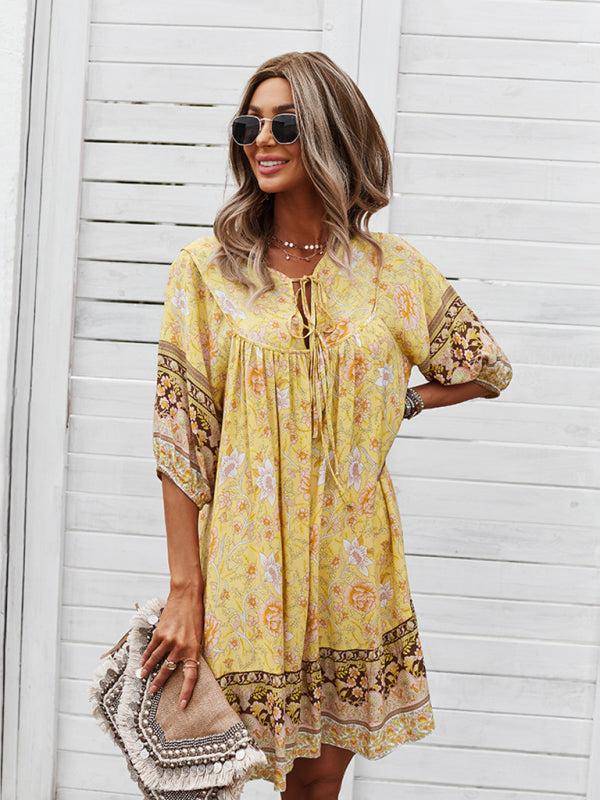 Boho V-Neck Floral Loose Skirt Dress – Lightweight Rayon, Spring-Summer Style