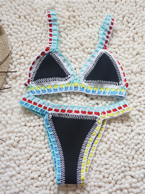 Handwoven Black & Gold One-Piece Swimsuit – Colorful Knit Design