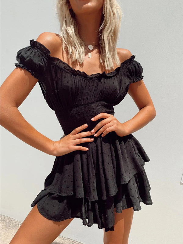 Romantic Pleated Sleeve Cake Skirt Dress – Fitted Waist & Irregular Hem