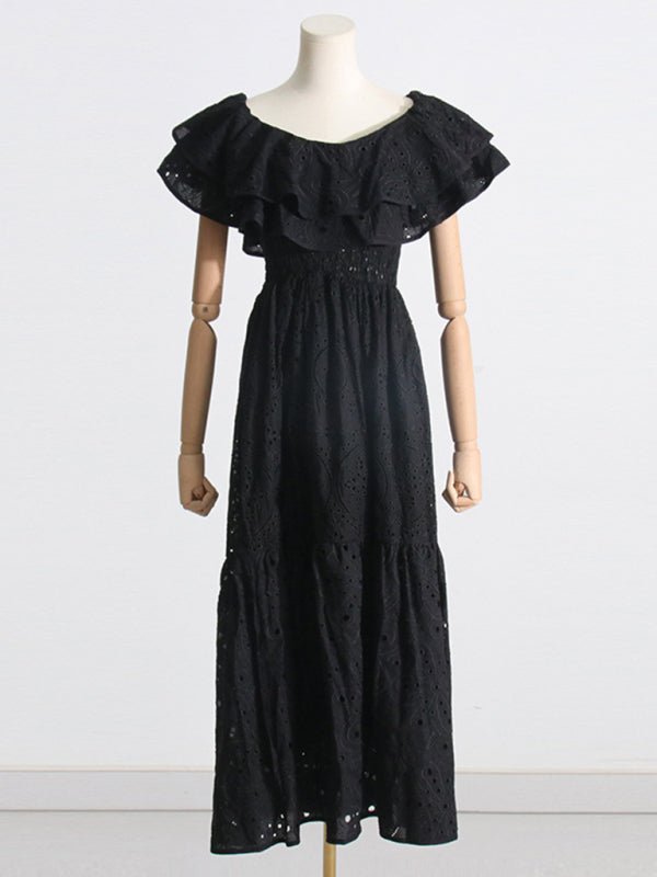 One-Shoulder Ruffle Embroidered Floral Maxi Dress with Front Slit