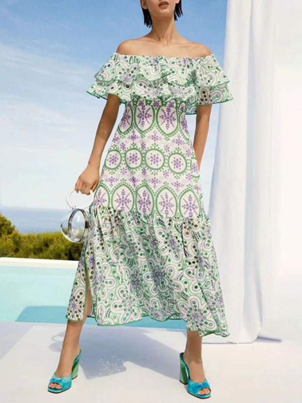 One-Shoulder Ruffle Embroidered Floral Maxi Dress with Front Slit