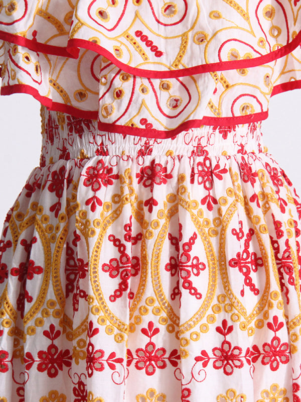 One-Shoulder Ruffle Embroidered Floral Maxi Dress with Front Slit