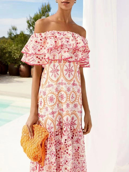 One-Shoulder Ruffle Embroidered Floral Maxi Dress with Front Slit