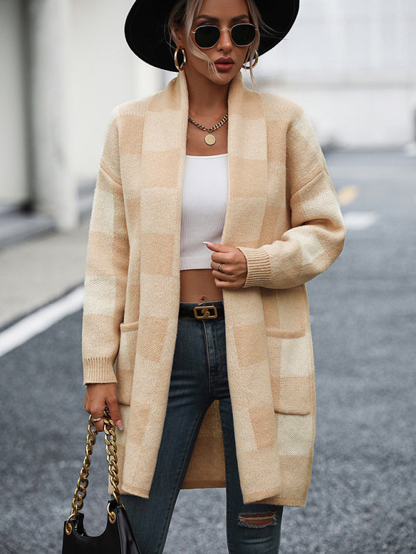 Women's Plaid Knit Colorblock Cardigan Cracker khaki