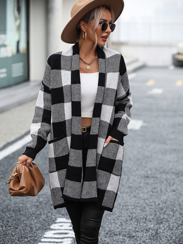 Women's Plaid Knit Colorblock Cardigan Black