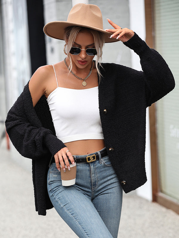 Women's V-Neck Knit Button Cardigan Black