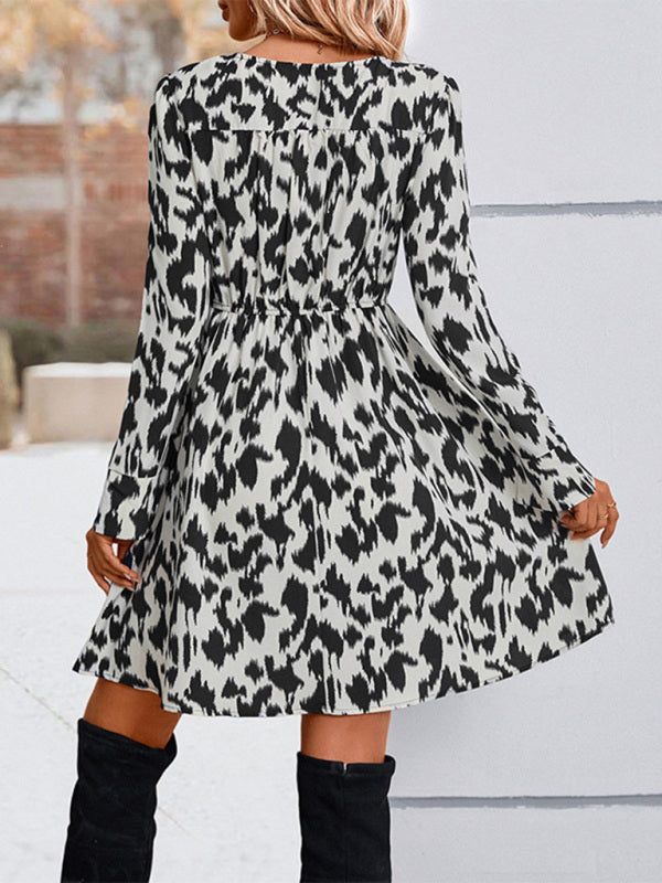 Leopard Print V-Neck Long Sleeve Dress – Lightweight Polyester, Slim Fit