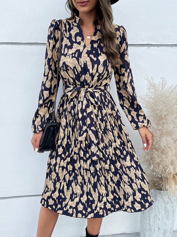 Leopard Print Pleated Long Sleeve Dress – Feminine Fit & Flowing Hem