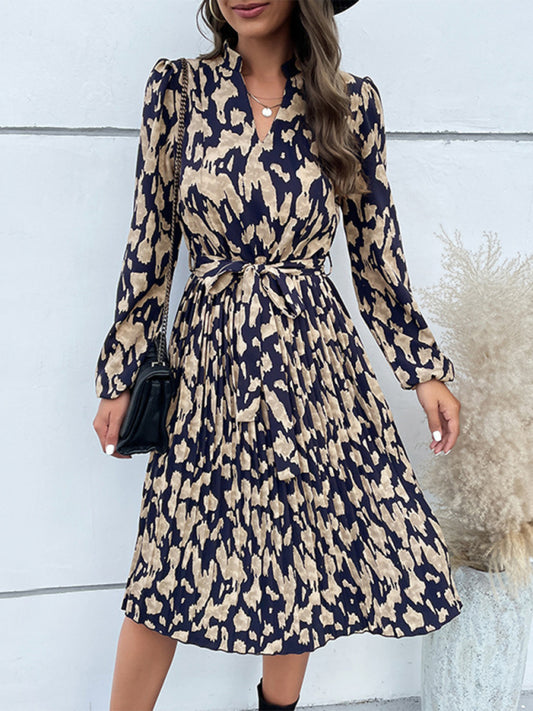 Leopard Print Pleated Long Sleeve Dress – Feminine Fit & Flowing Hem