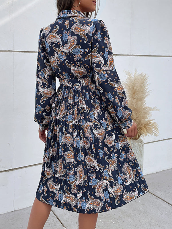Paisley Bohemian Long Sleeve Pleated Dress – Button Front & Lapel Collar