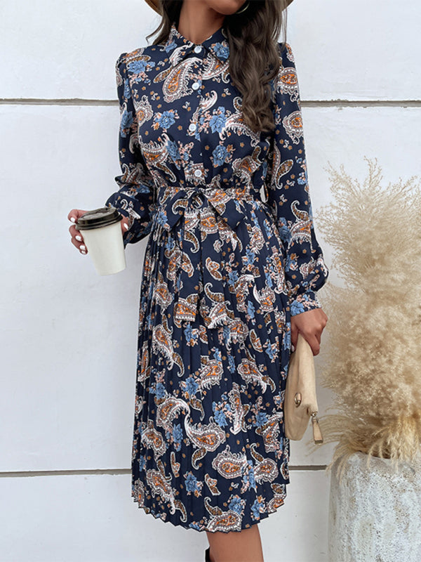 Paisley Bohemian Long Sleeve Pleated Dress – Button Front & Lapel Collar