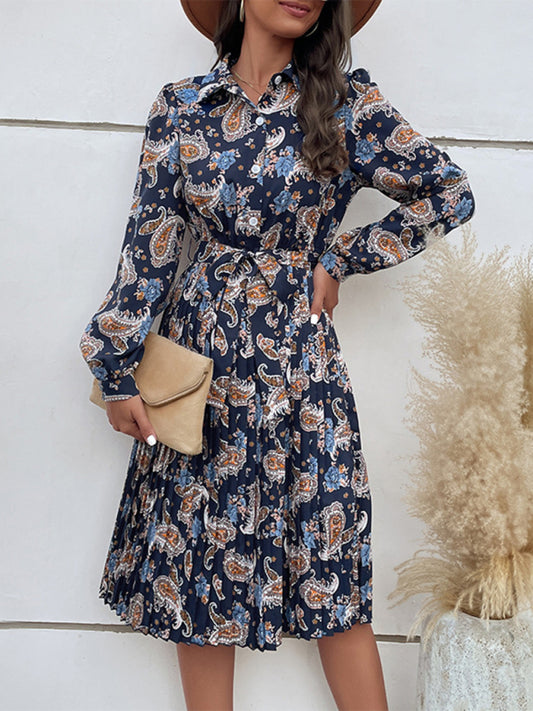 Paisley Bohemian Long Sleeve Pleated Dress – Button Front & Lapel Collar