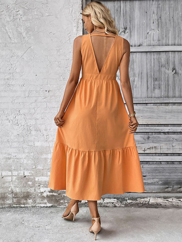 Minimalist Sleeveless V-Neck Button Dress – Orange, Summer Casual Style