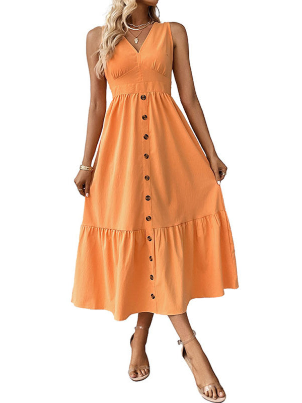 Minimalist Sleeveless V-Neck Button Dress – Orange, Summer Casual Style