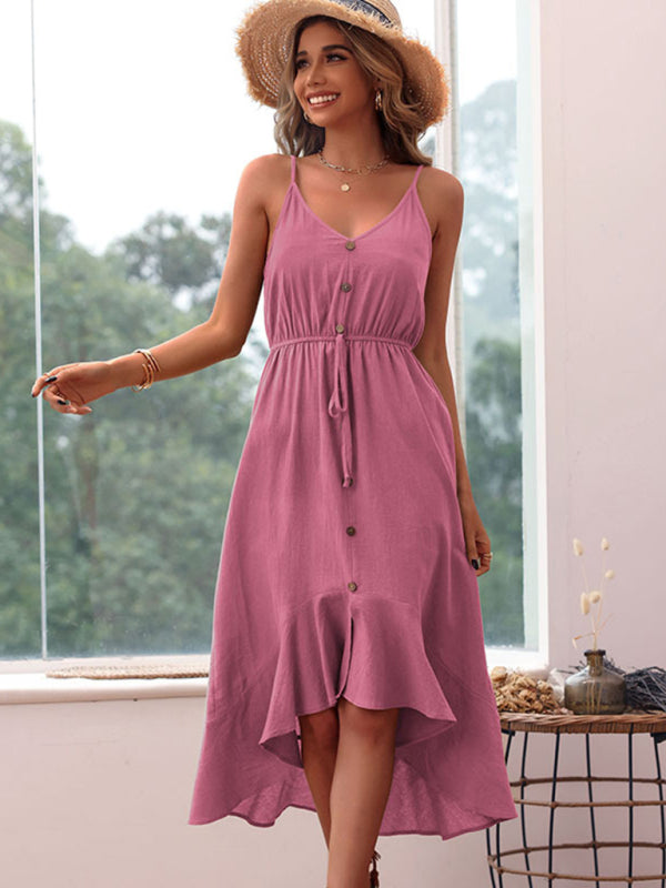Rose Solid Cotton Linen Suspender Dress – Lightweight Graceful Fit for Spring & Summer