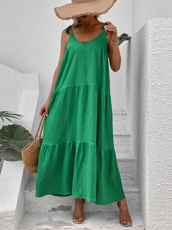 Strappy Sleeveless V-Neck Midi Dress – Solid Color Minimalist Style