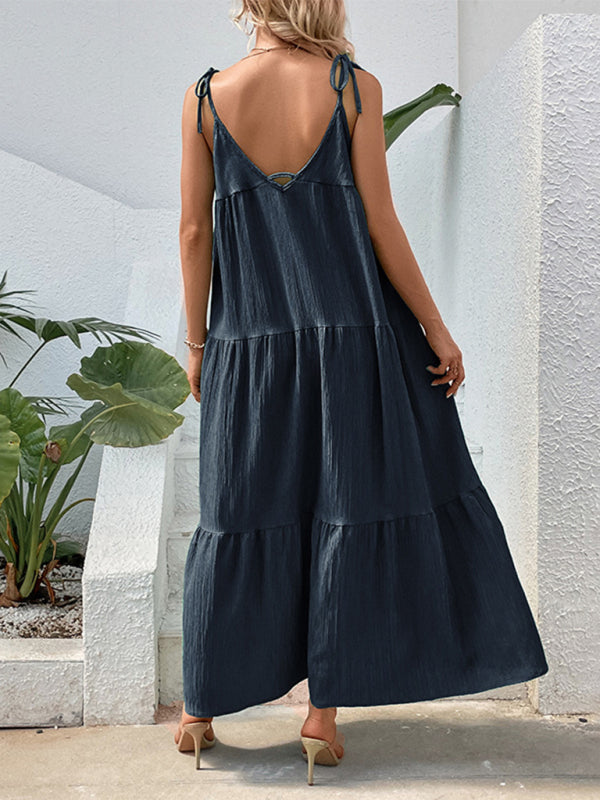 Strappy Sleeveless V-Neck Midi Dress – Solid Color Minimalist Style
