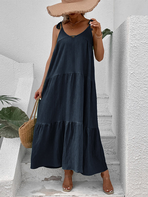 Strappy Sleeveless V-Neck Midi Dress – Solid Color Minimalist Style