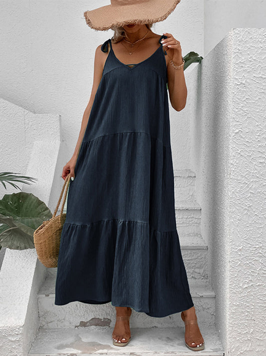 Strappy Sleeveless V-Neck Midi Dress – Solid Color Minimalist Style