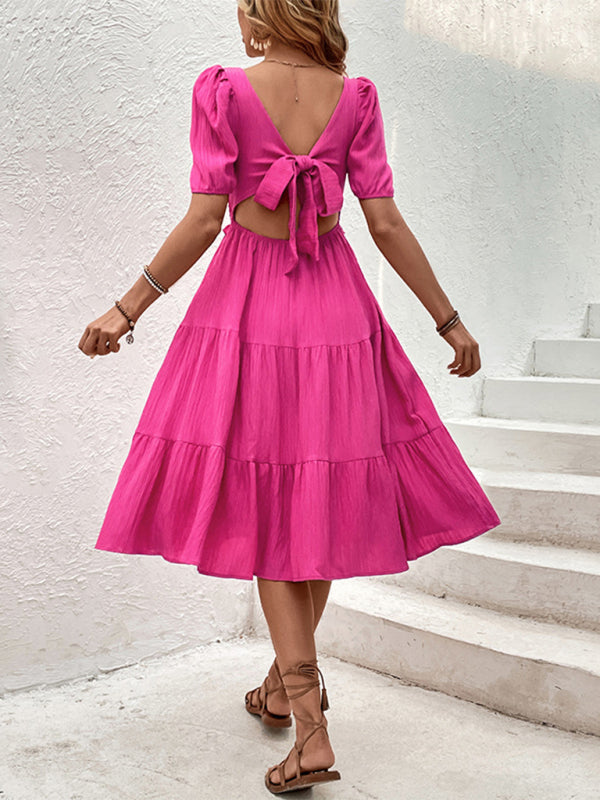 Elegant Rose Square-Neck Short Sleeve Dress – Woven Polyester, Spring-Summer Style